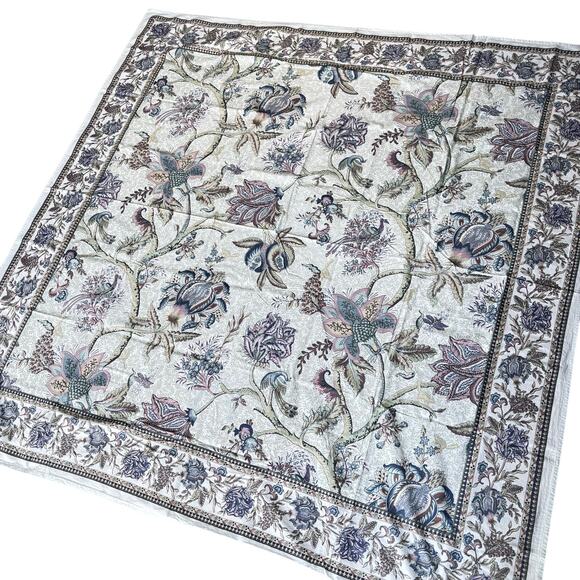 Vintage Cotton Tablecloth Jacobean flowers motif blue sage & white square cloth - Picture 3 of 10